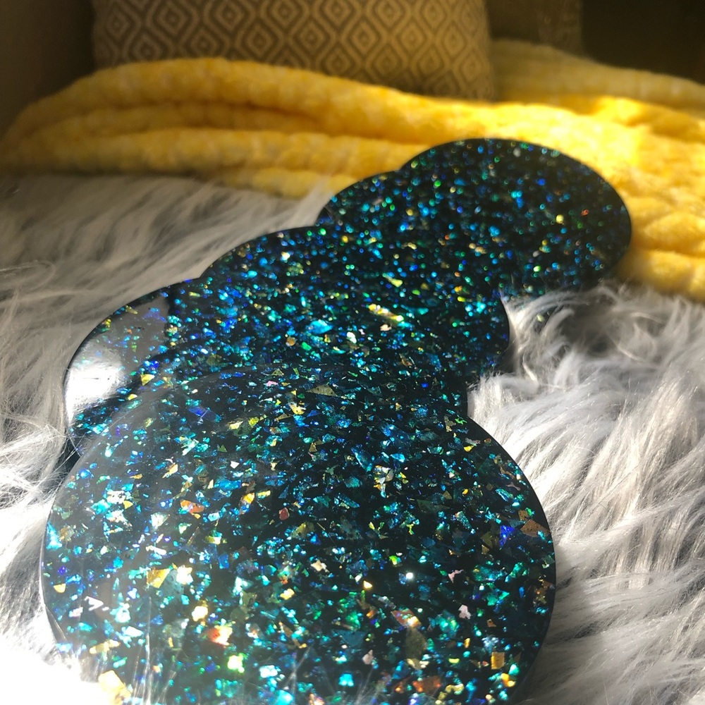 DISCOUNTED Rainbow Holographic Glitter Coaster Set With Matching Holder - Picture 17 of 17
